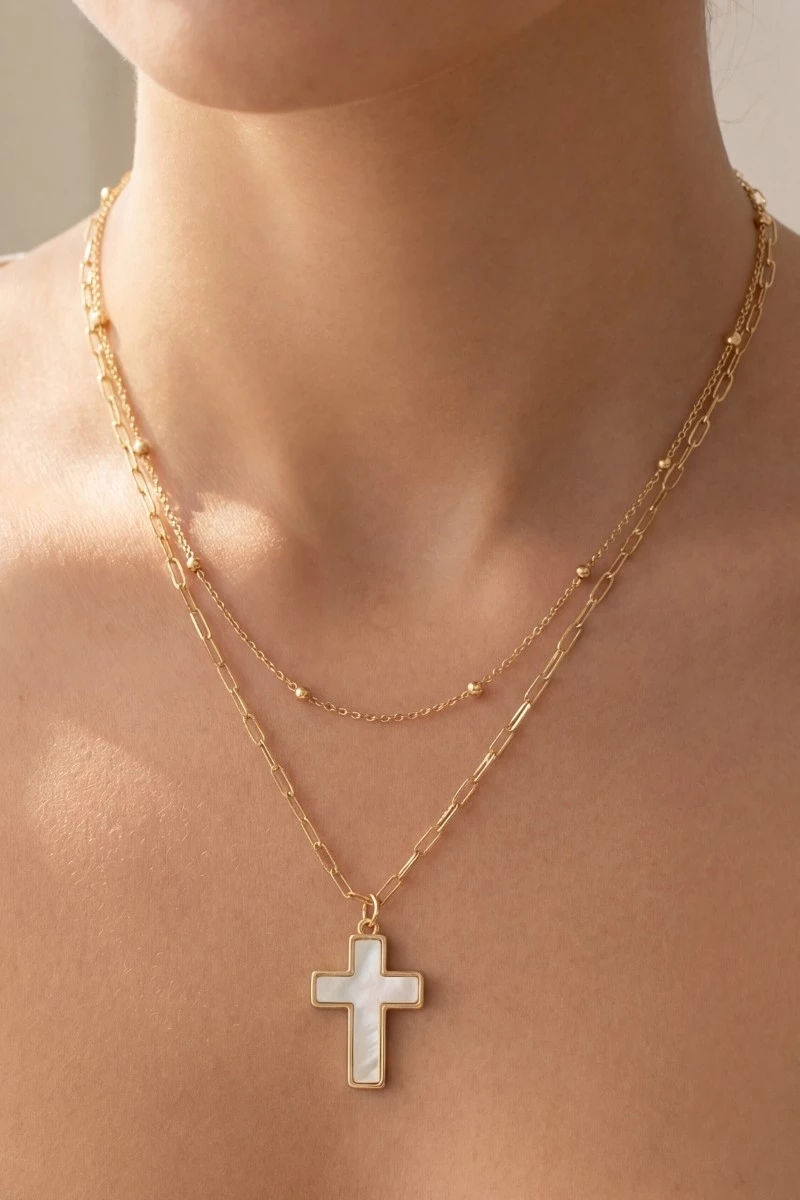 Double Layered Chain Cross Pendant Necklace