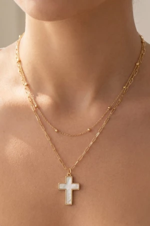 Double Layered Chain Cross Pendant Necklace
