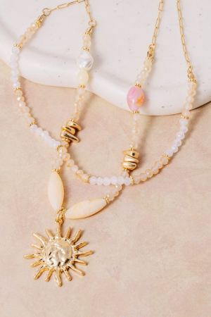 Layered Crystal & Pearl Beaded Sunburst Pendant Necklace