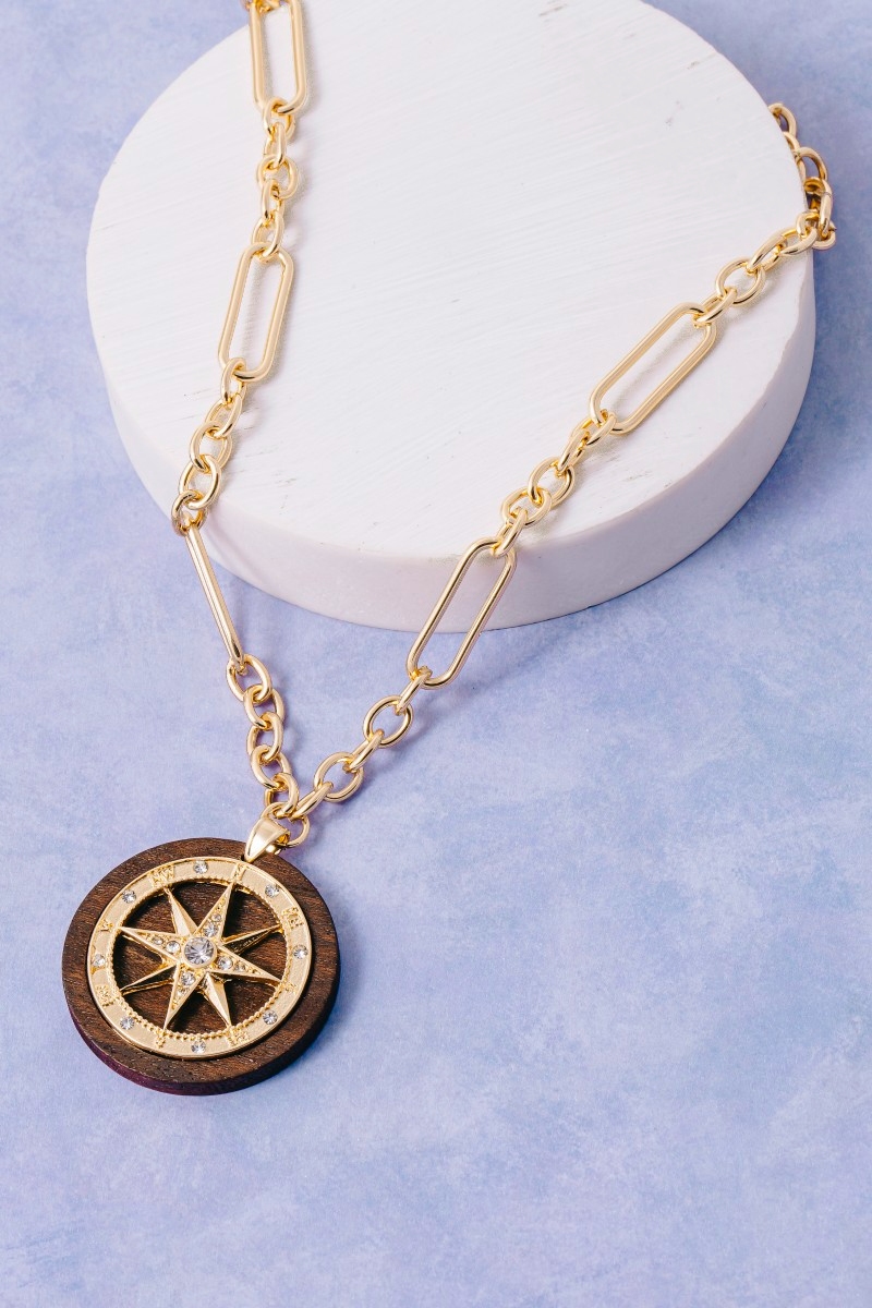 Paperclip Chain Cz Compass Star Medallion Pendant Necklace