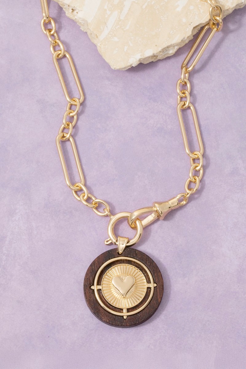 Paperclip Chain Wood Heart Coin Necklace