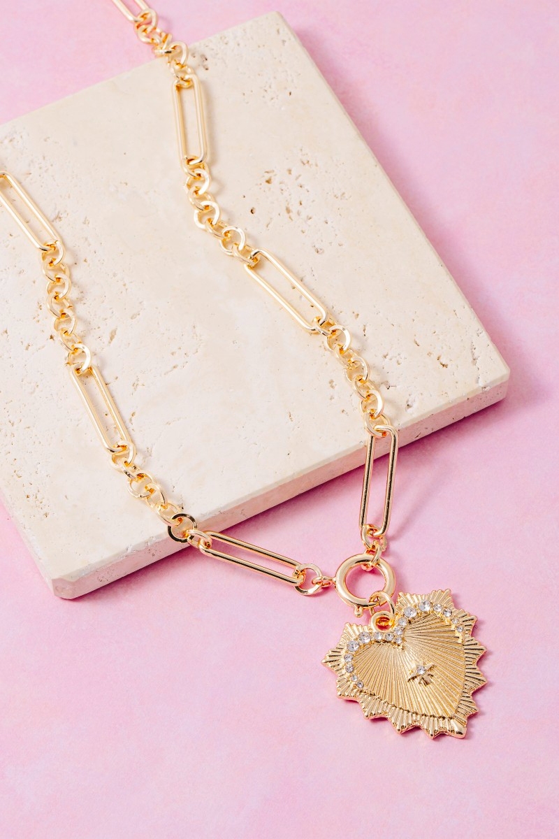 Paperclip Chain Starburst Heart Pendant Necklace