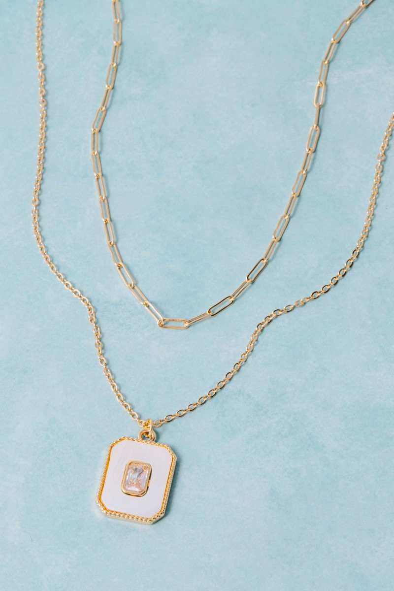 Layered Paperclip Chain Enamel Cz Rectangle Pendant Necklace