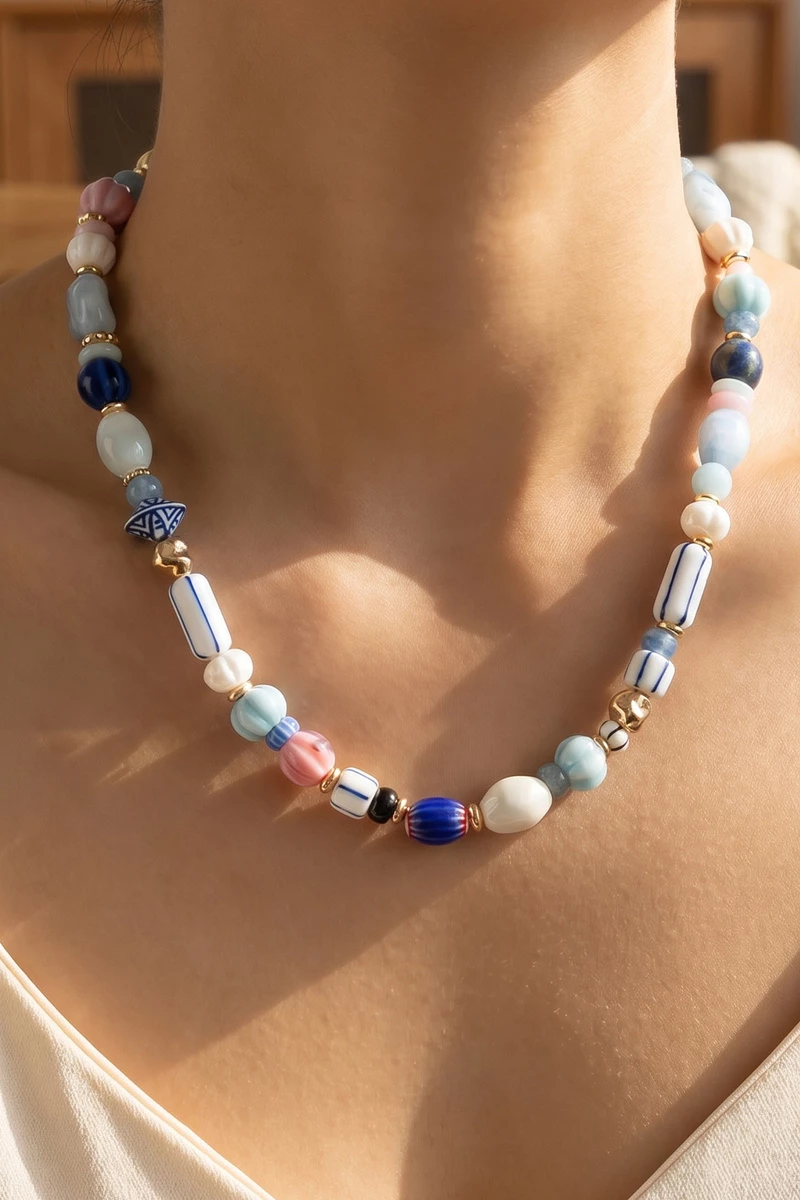Mixed Ceramic Glass Bead Statement Necklace