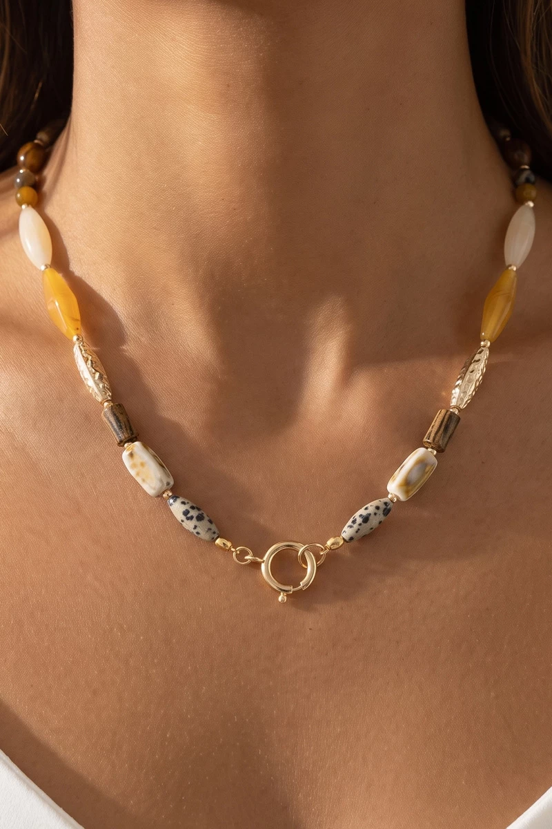 Wood Stone And Ceramic Beaded Necklace
