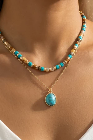 Layered Turquoise Stone Pendant And Bead Necklace
