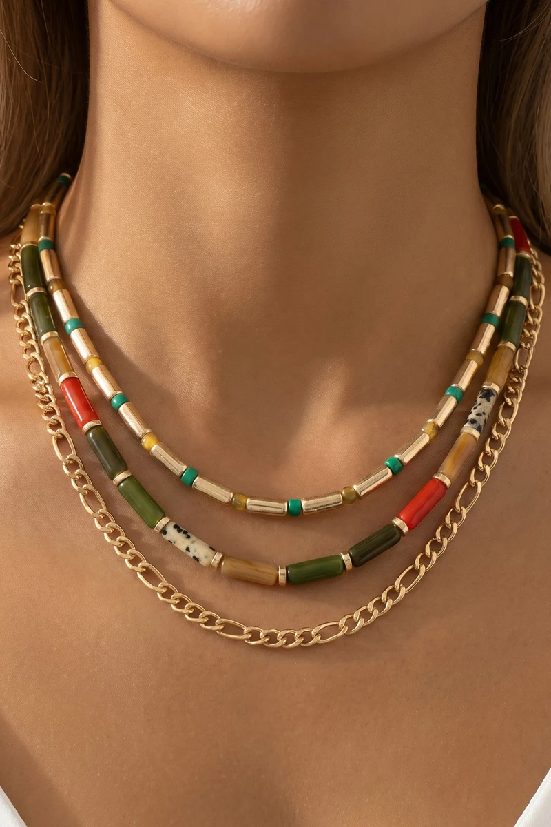 Triple Strand Tube Bead And Chain Layered Necklace