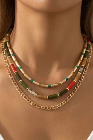 Triple Strand Tube Bead And Chain Layered Necklace