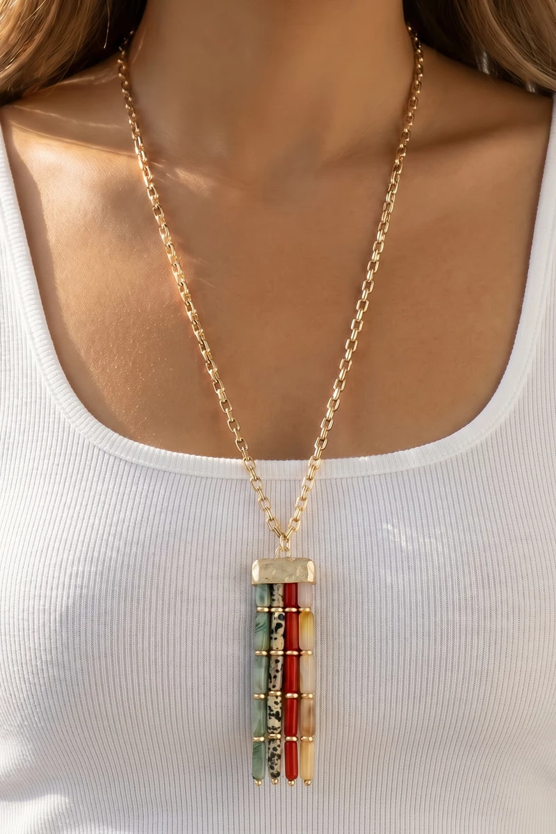 Stone Tube Bar Pendant Long Box Chain Necklace