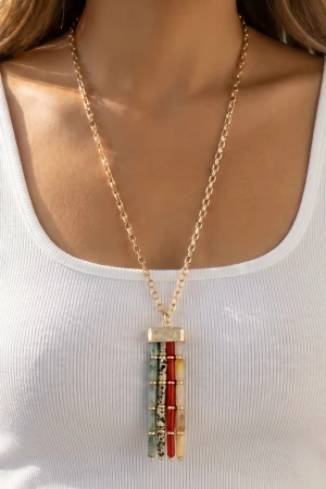 Stone Tube Bar Pendant Long Box Chain Necklace