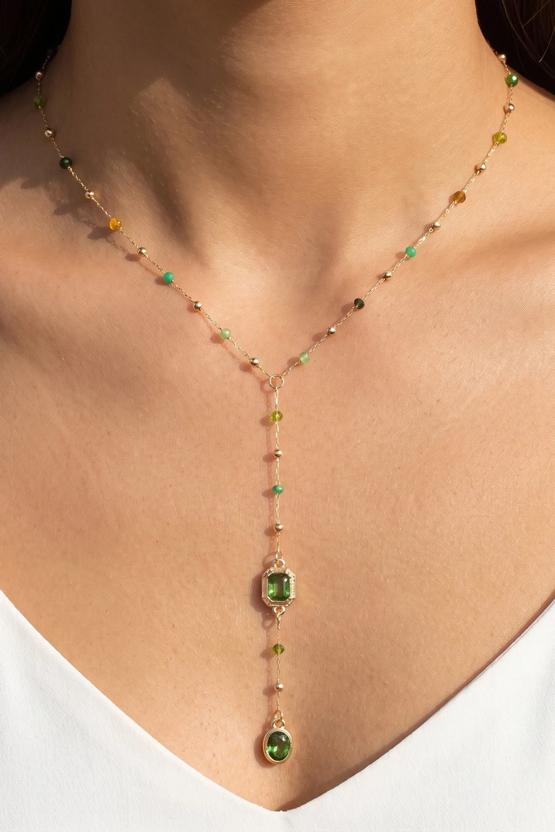 Beaded Step Cut Crystal Y Lariat Necklace