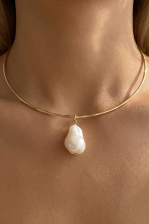 Baroque Pearl Drop Omega Wire Rigid Collar Necklace