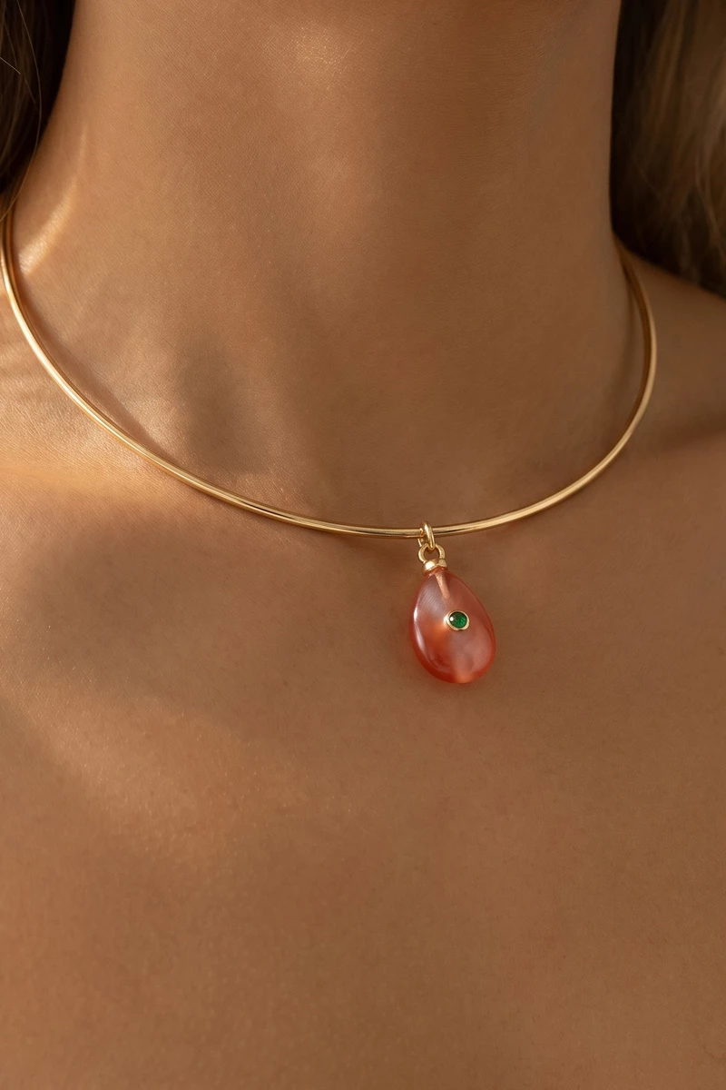 Wire Choker Necklace With Stone Teardrop Pendant