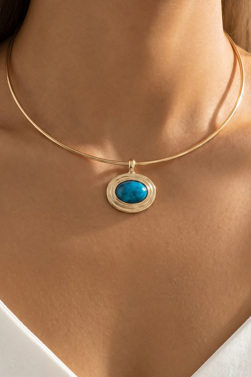 Oval Semi Stone Pendant Omega Wire Collar Necklace
