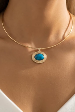 Oval Semi Stone Pendant Omega Wire Collar Necklace