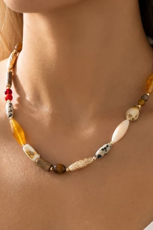 Mixed Material Chunky Oval Bead Statement Necklace