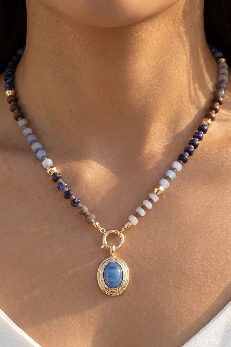 Chunky Bead Necklace With Oval Stone Pendant