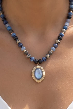 Beaded Necklace With Framed Oval Cabochon
