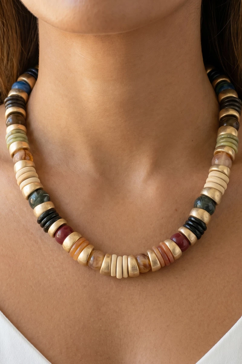 Chunky Marbled Disc And Ball Beaded Necklace