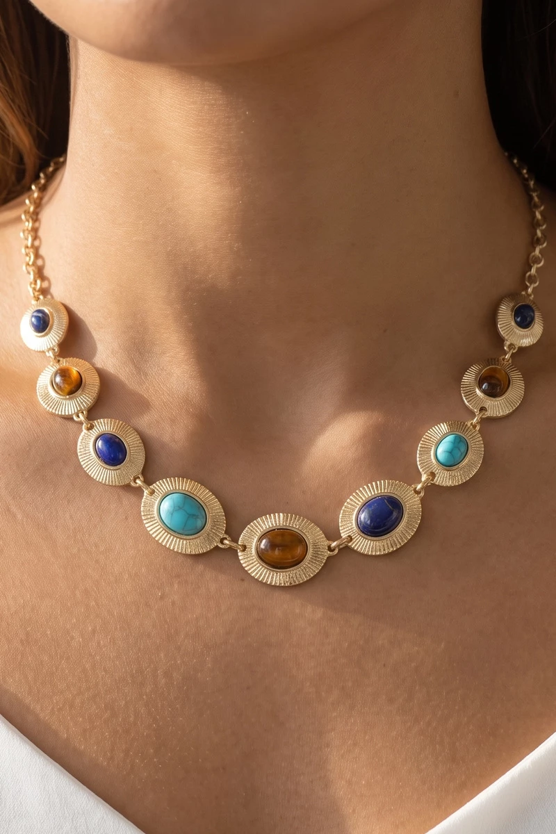 Sunburst Oval Cabochon Station Necklace