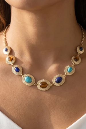 Sunburst Oval Cabochon Station Necklace