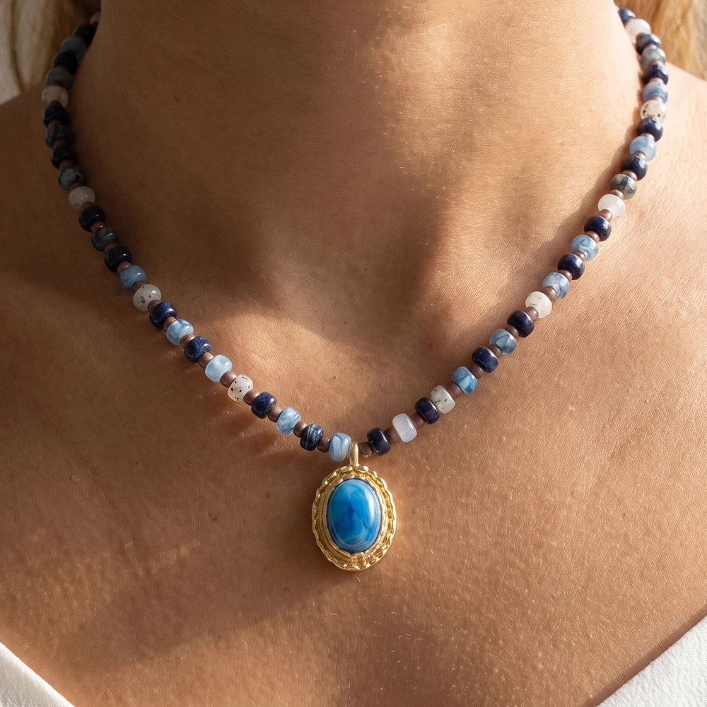 Beaded Short Necklace With Oval Cabochon Pendant