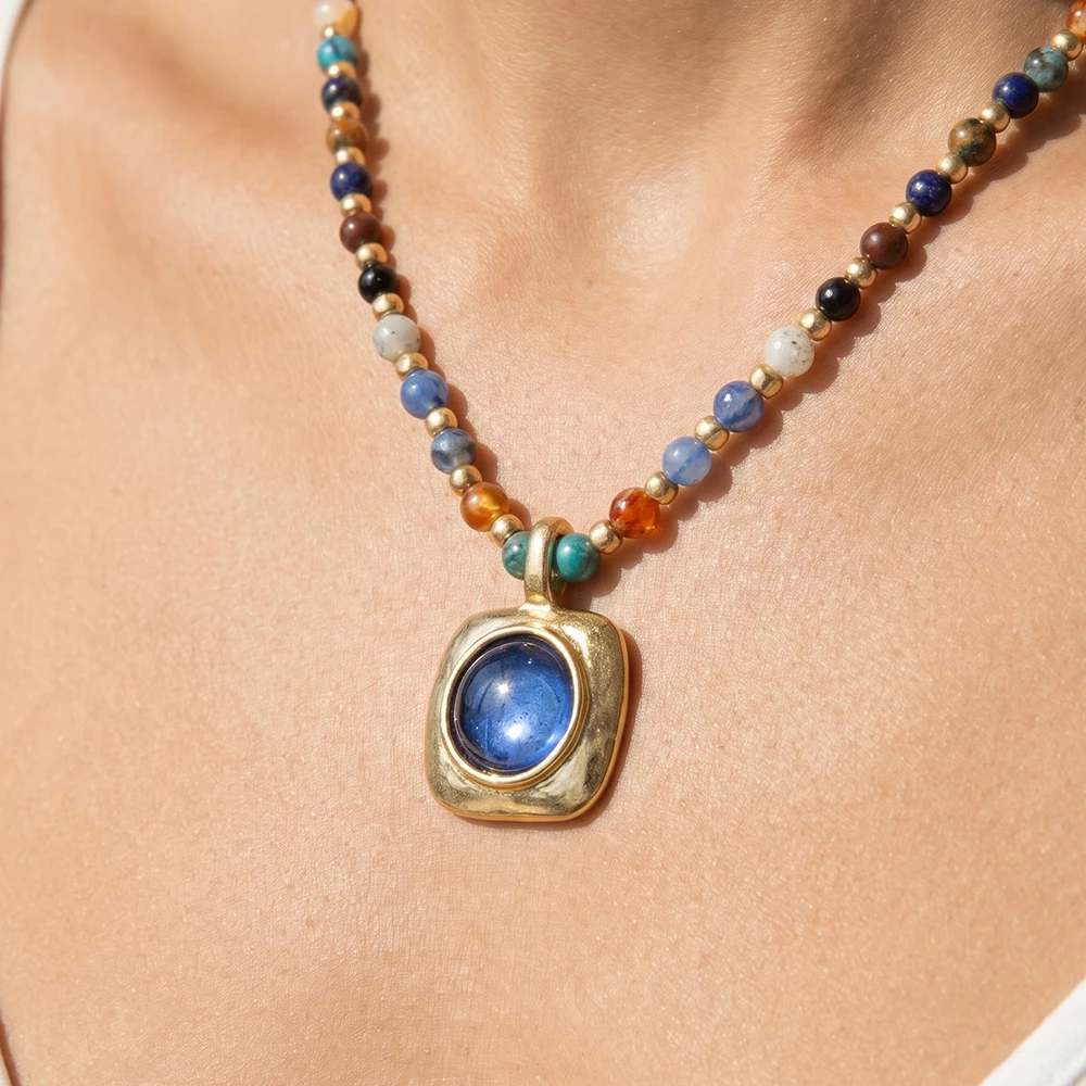 Mixed Stone Bead Necklace With Square Framed Pendant