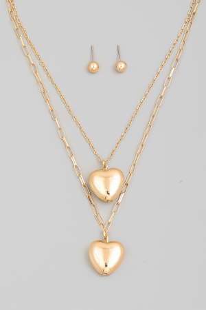 Double Metallic Polished Heart Pendant Necklace Set