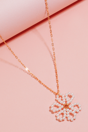 Pearl Beaded Flower Pendant Chain Necklace Set