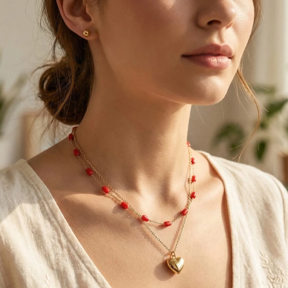 Heart Pendant Glass Station Beaded Layered Necklace Set