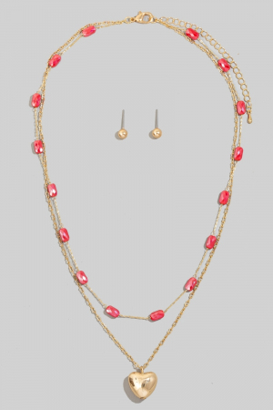 Heart Pendant Glass Station Beaded Layered Necklace Set