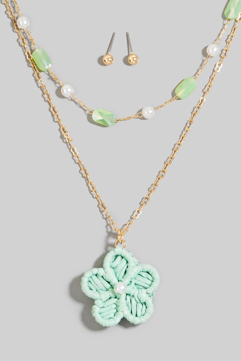 Paper Flower Pendant Mixed Beaded Layered Necklace Set