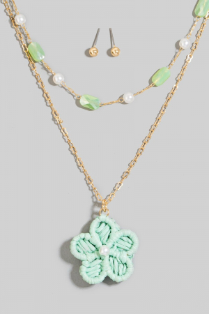 Paper Flower Pendant Mixed Beaded Layered Necklace Set