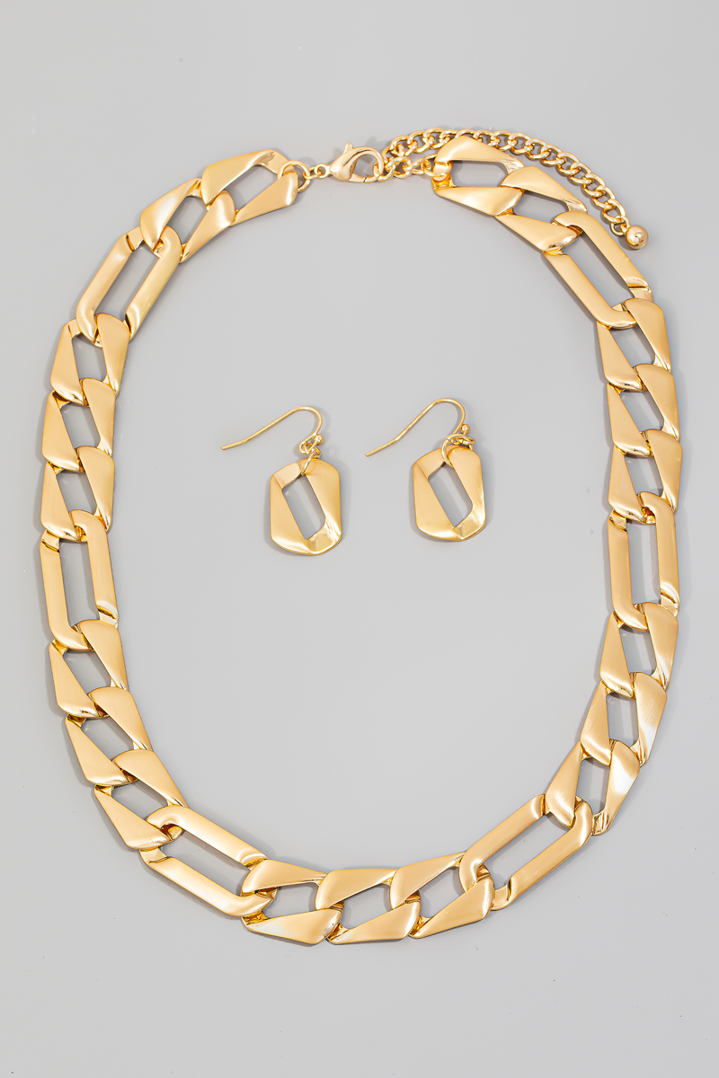 Brushed Metallic Flat Rectangle Classic Chain Necklace Set