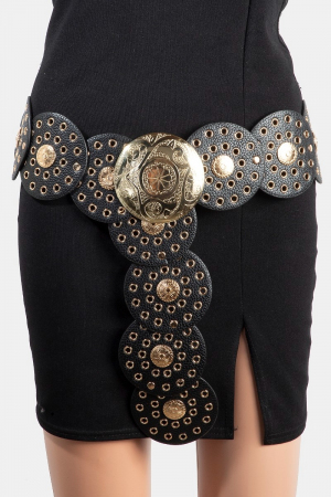 Faux Leather Grommet Disc Chain Belt