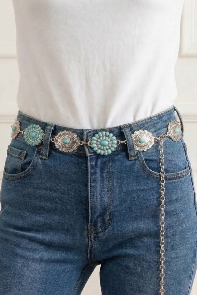 Abstract Oval Western Turquoise Concho Chain Belt