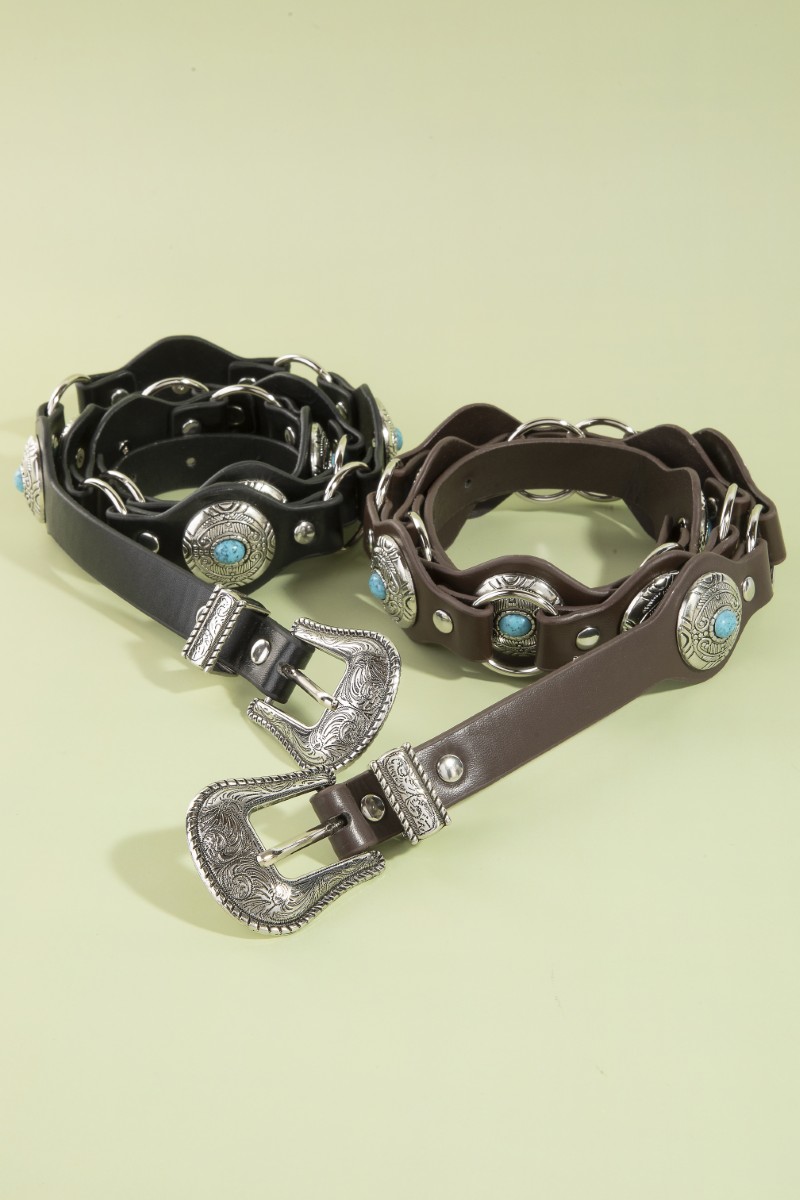 Western Turquoise Concho Link Chain Vegan Leather Belt