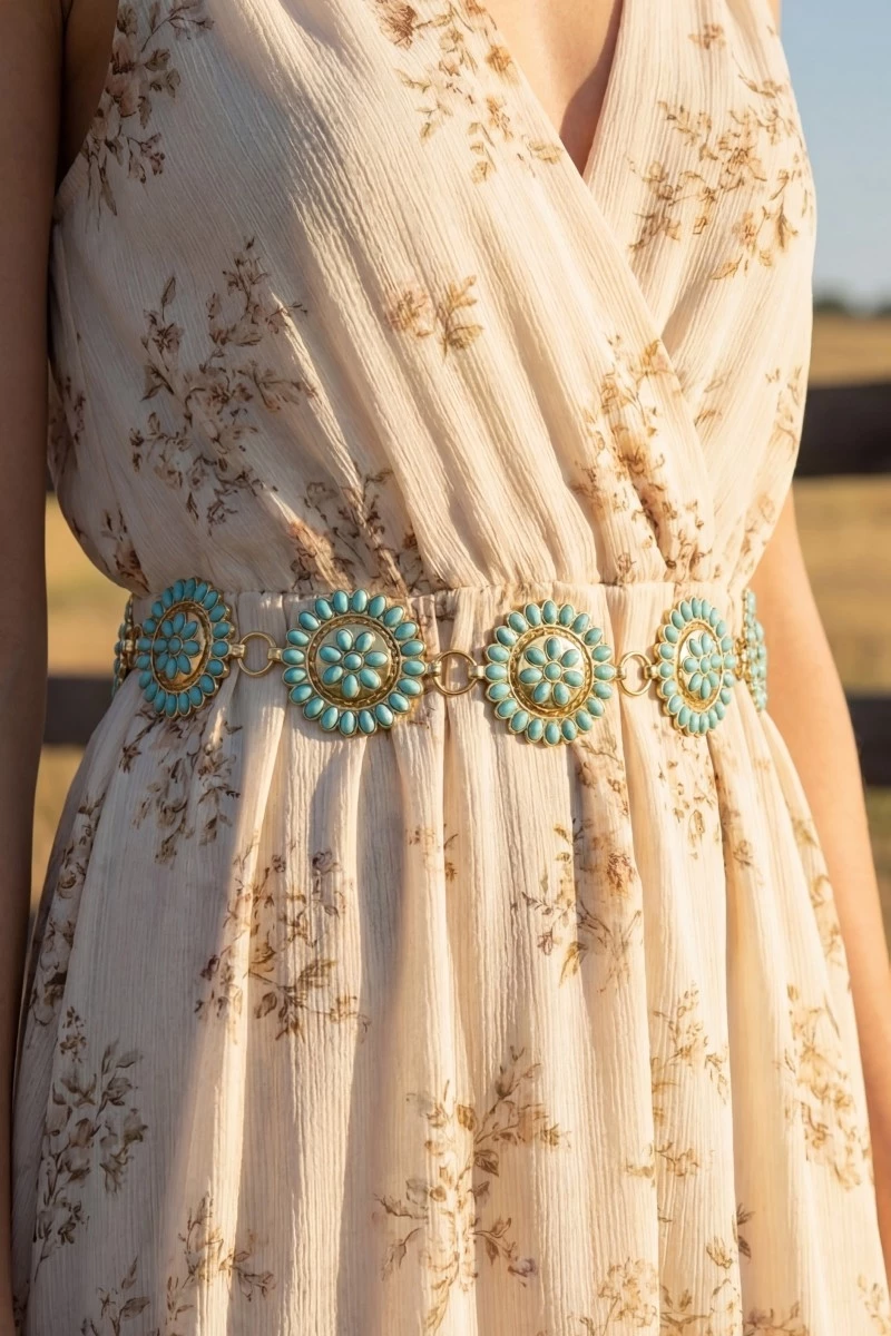 Round Stone Bead Concho Chain Belt