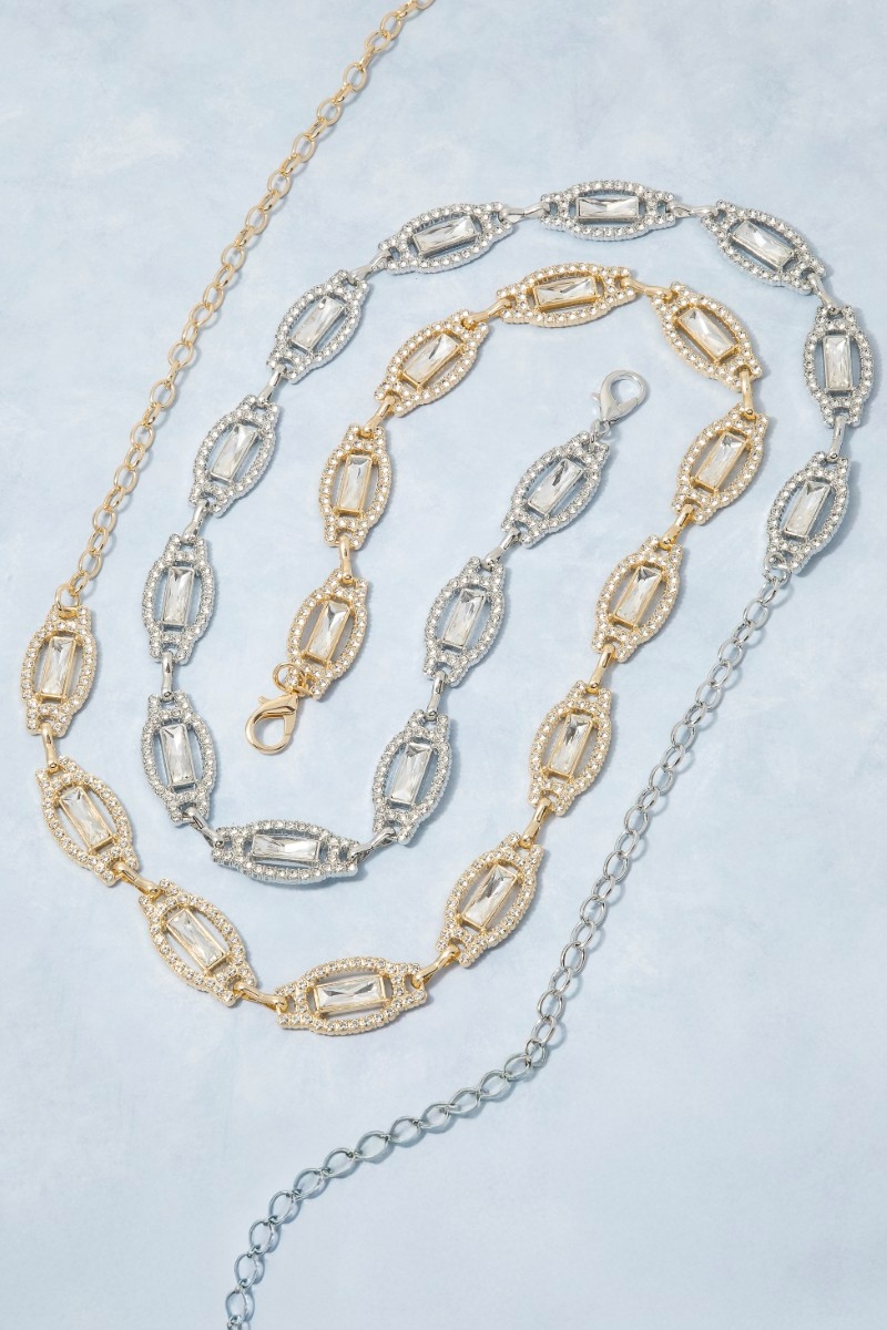Gold Crystal Baguette & Rhinestone Oval Link Chain Belt