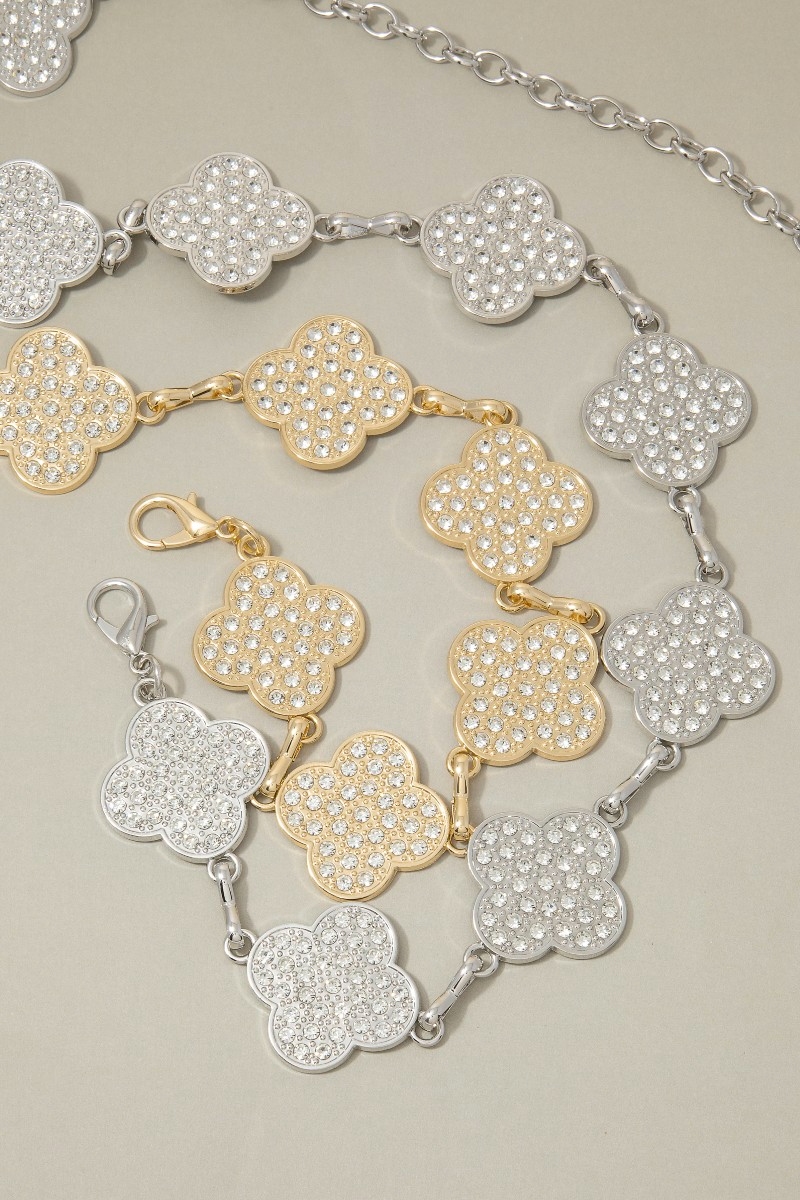 Gold Cz Pave Solid Clover Link Chain Belt