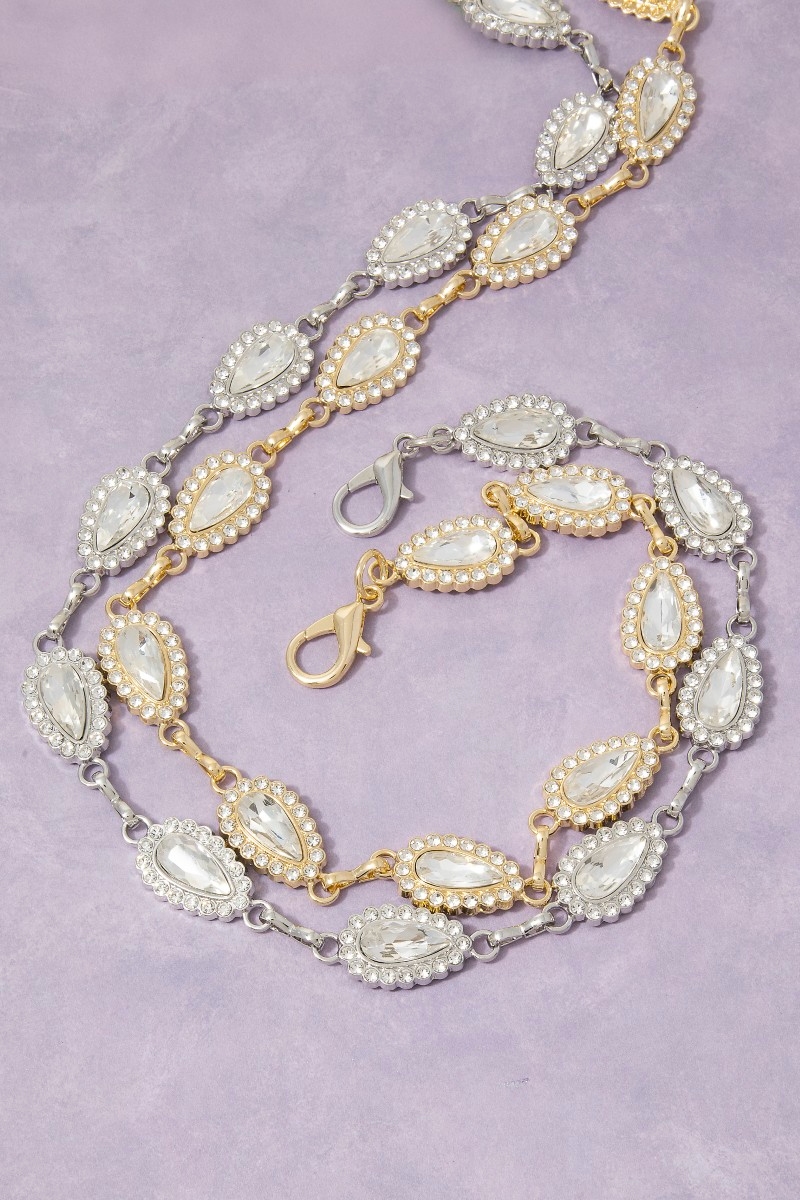 Gold Crystal Teardrop & Pearl Halo Link Chain Belt