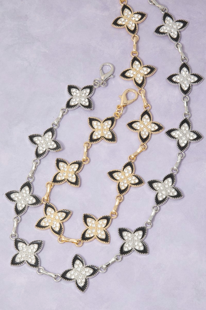 Enamel & Cz Four Petal Flower Link Chain Belt