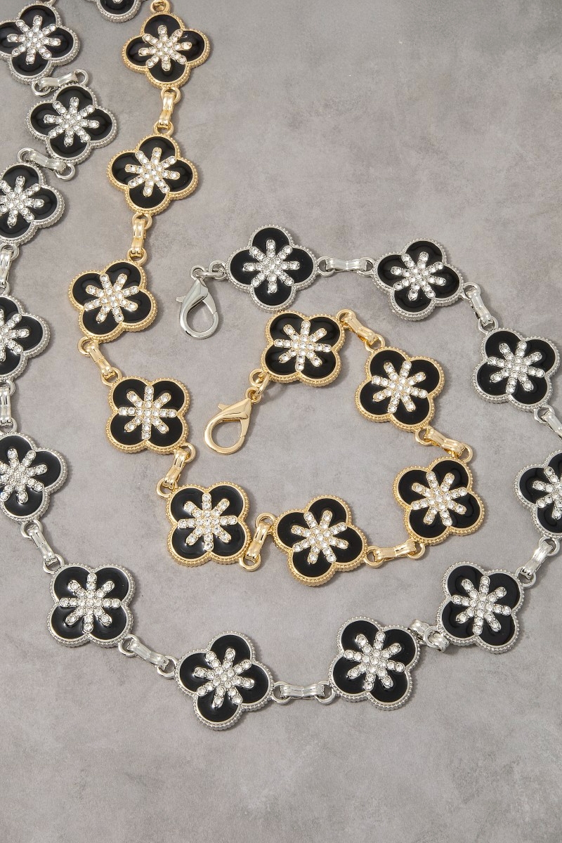 Gold Black Enamel & Cz Clover Link Chain Belt