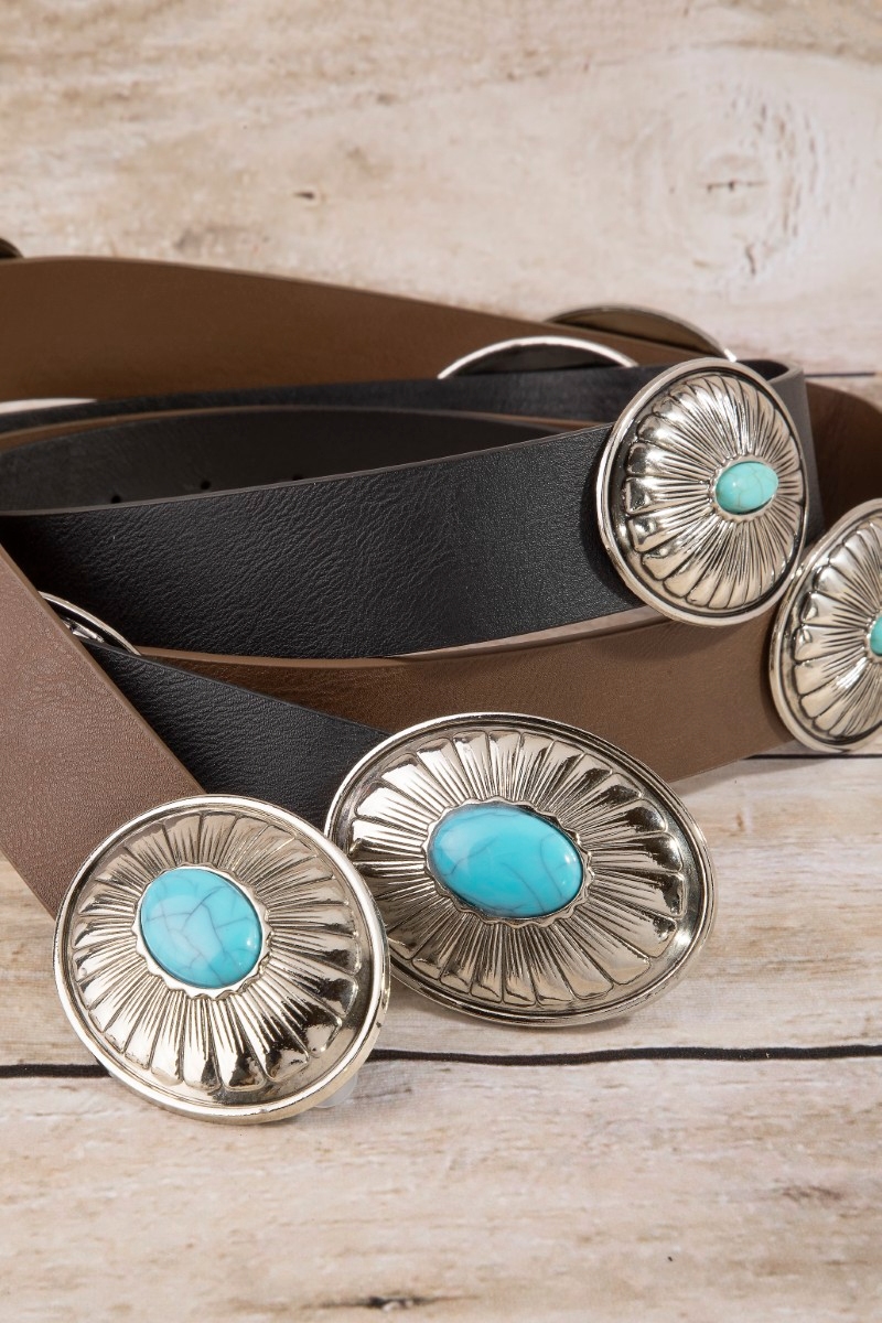 Western Turquoise Stone Concho Vegan Leather Belt