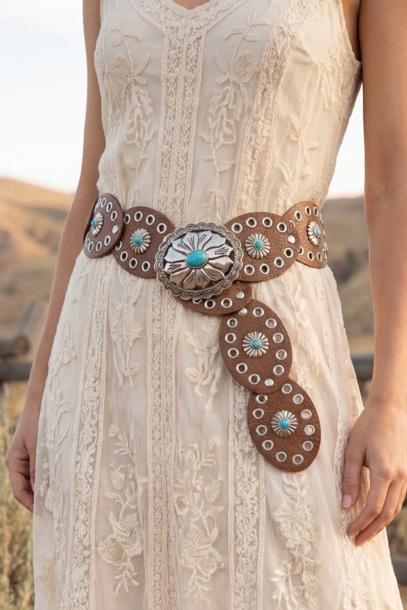 Western Turquoise Concho Disc Leather Belt