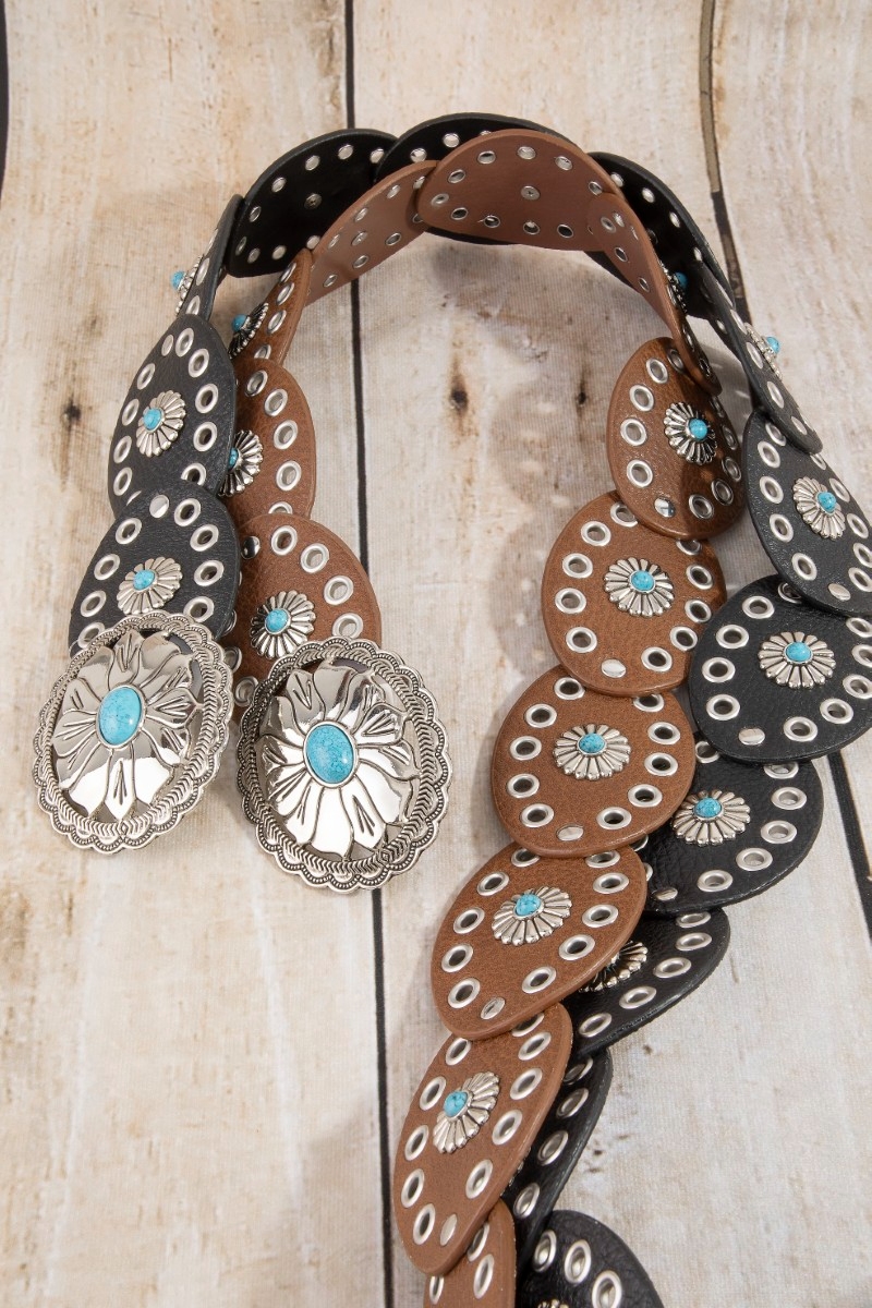 Western Turquoise Concho Disc Leather Belt