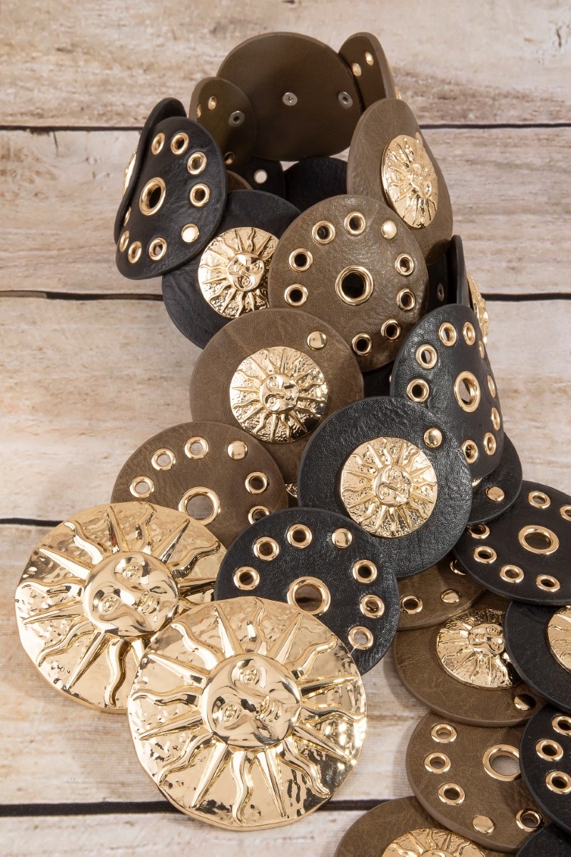 Vegan Leather Disc Sun Face Medallion Grommet Belt