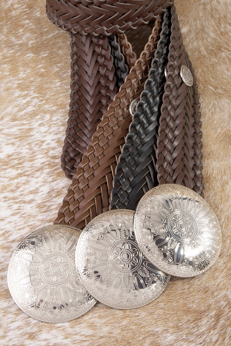 Braided Vegan Leather Round Concho Belt