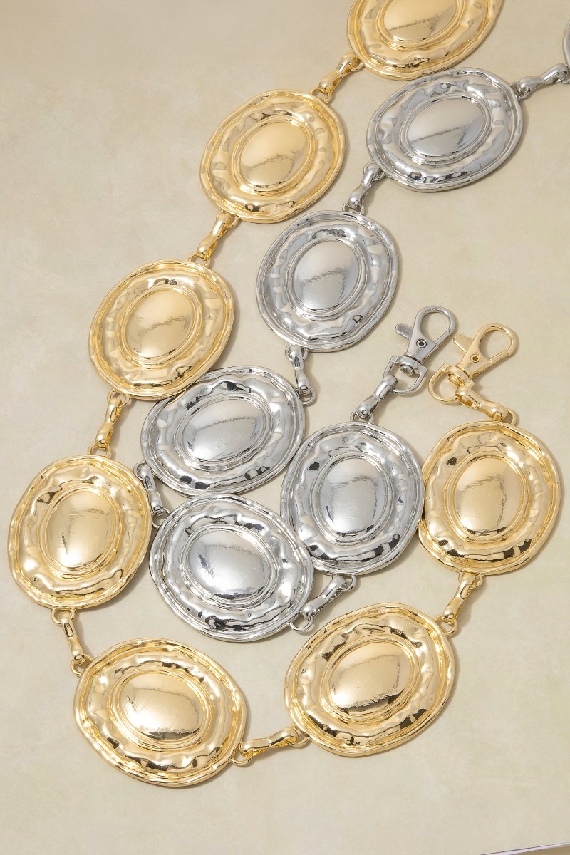 Gold Hammered Dome Oval Medallion Link Chain Belt