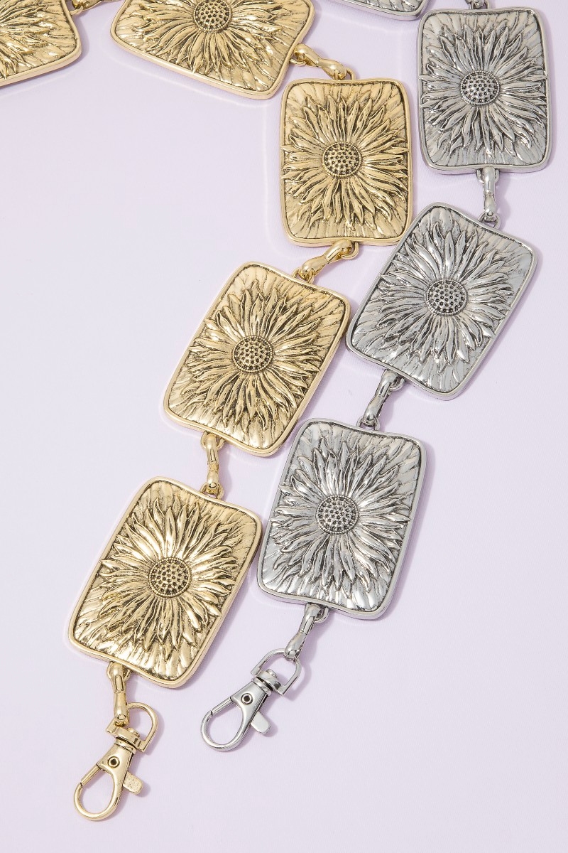 Gold Engraved Sunflower Square Medallion Link Chain Belt